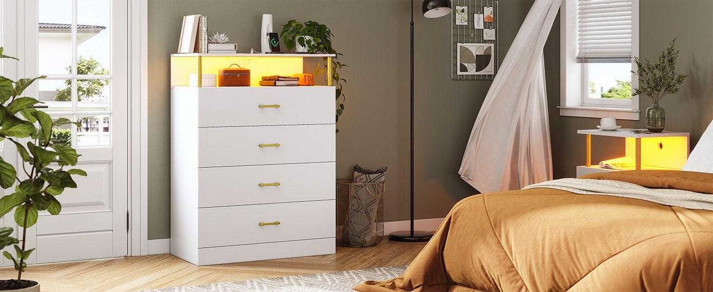 Sikaic Dresser for Bedroom with Column Design, 4 Drawer Dresser with Charging Station, Modern Bedroom Led Tall Dresser for Bedroom Closet
