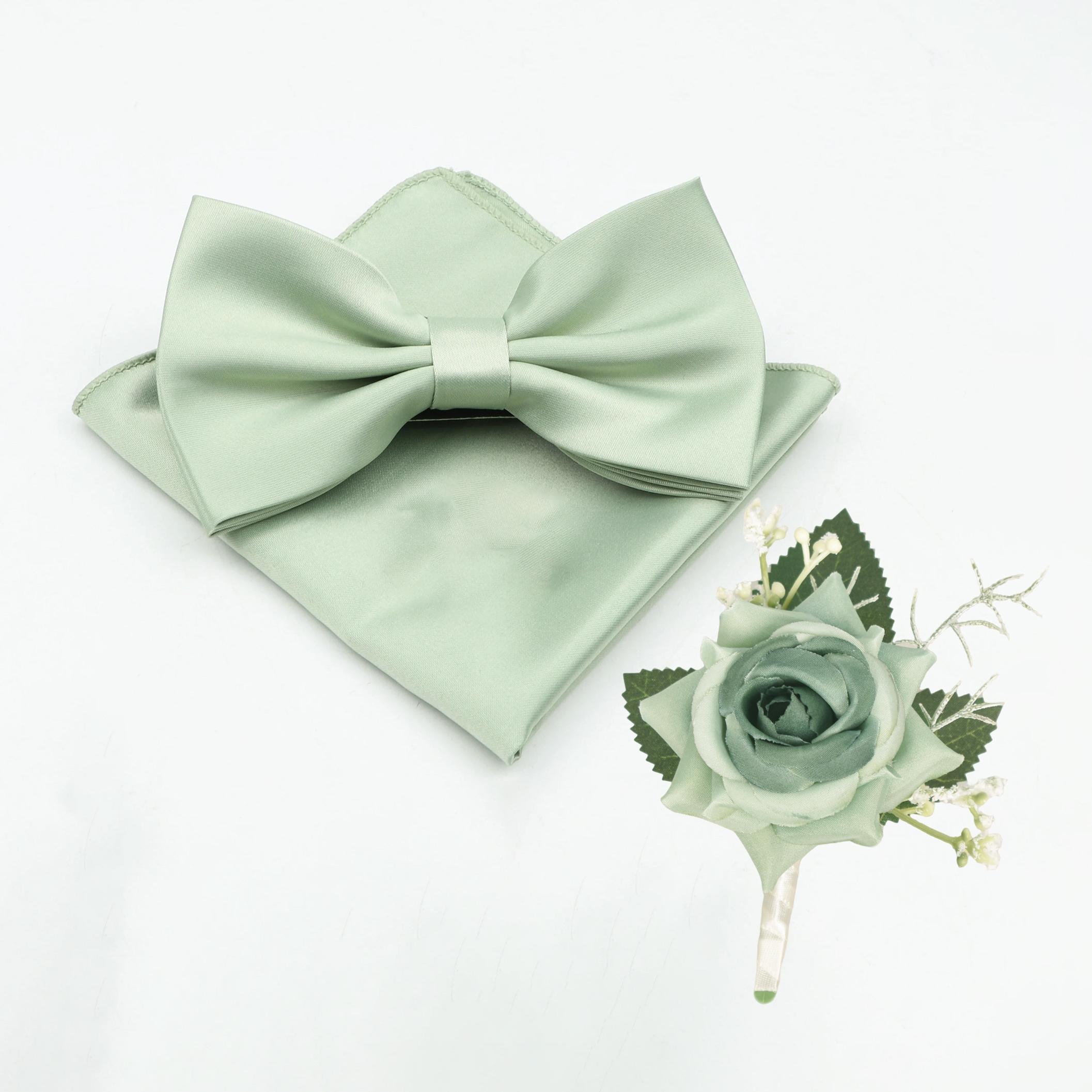 3pcs Sage Wedding Boutonniere Set for Men, Elegant Bow Tie & Pocket Square, Matching Groom and Groomsmen Accessories, Fall Vintage Rustic Style, Guy