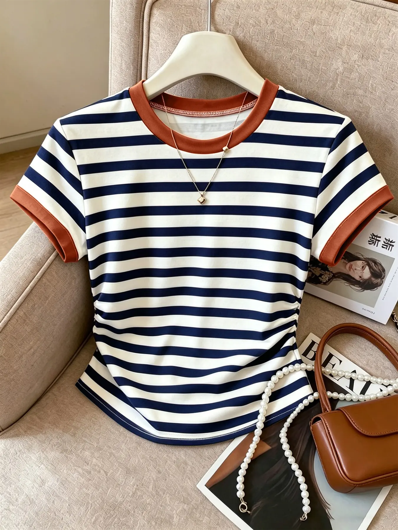 Women's Striped Round Neck Short Sleeve T-Shirt, Casual Stylish Tee, Perfect for Back-to-School Season and Teacher's Day, Comfortable Top