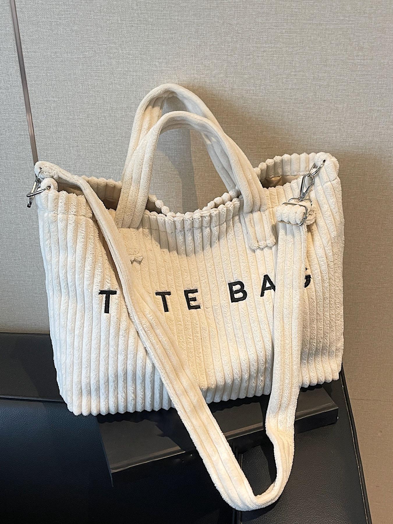 Retro leisure simple single shoulder tote bag, three-dimensional stripe texture letter design, hand-held oblique cross two uses, fashion practical versatile suitable for daily commuting, shopping dating, etc., Casual Tote Bag