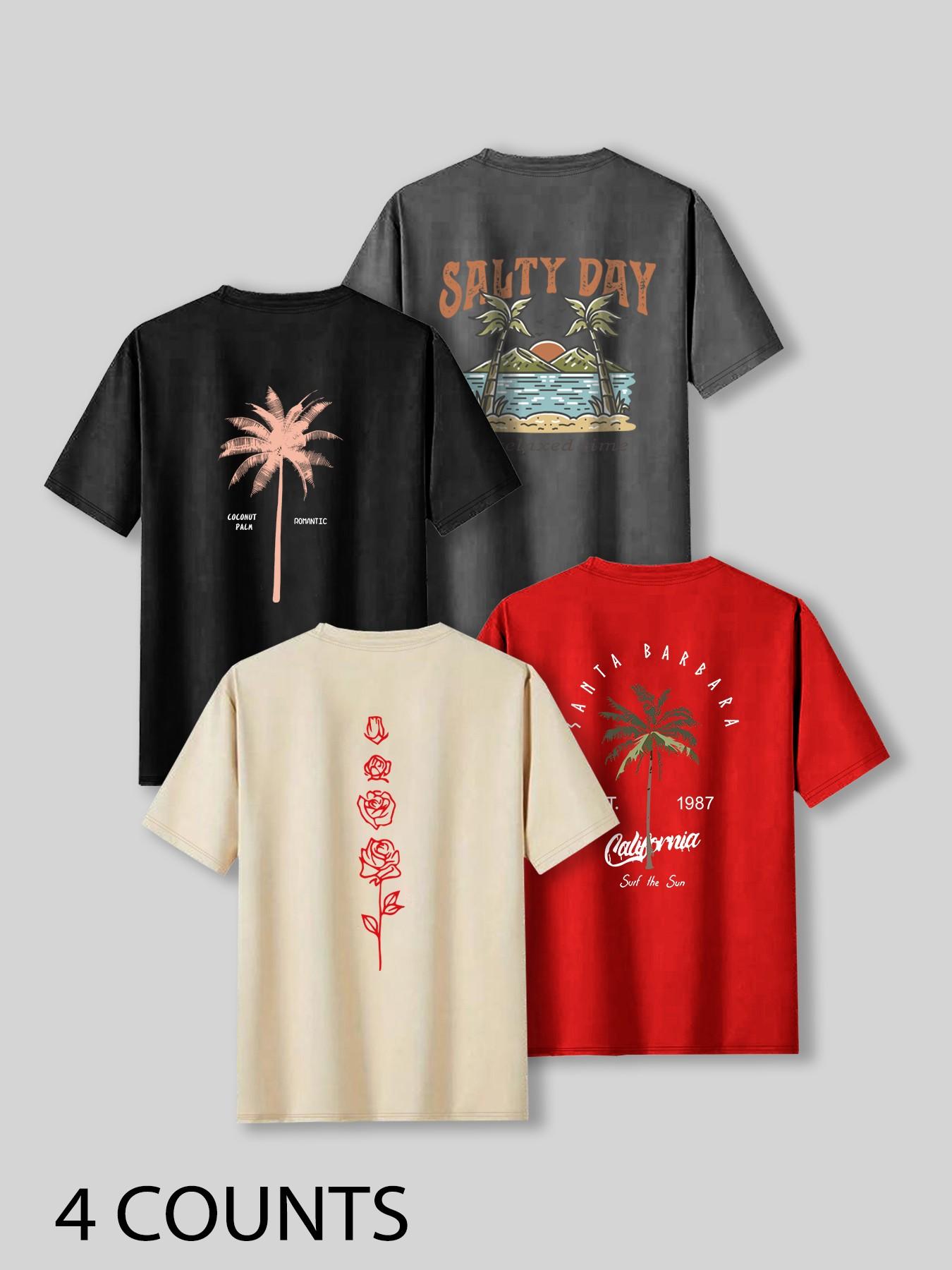 Men's Palm Tree & Letter Print Short Sleeve Graphic Tee, Regular Fit Casual Street Round Neck T-shirt for Summer, Men's Top for Daily Wear