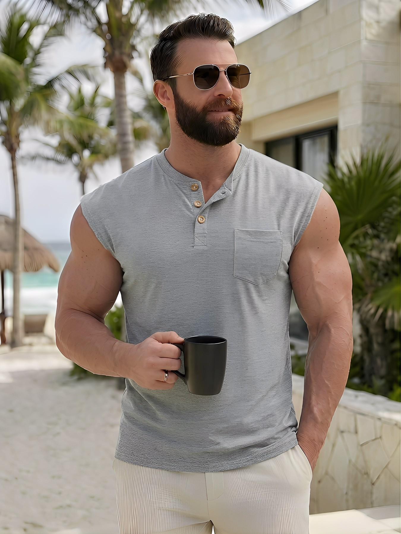 Men's Sleeveless Henley Knit Tank Top, Pocketed Casual Button Decor Muscle Shirt, Summer Beach Sports Vest, Comfortable and Stylish