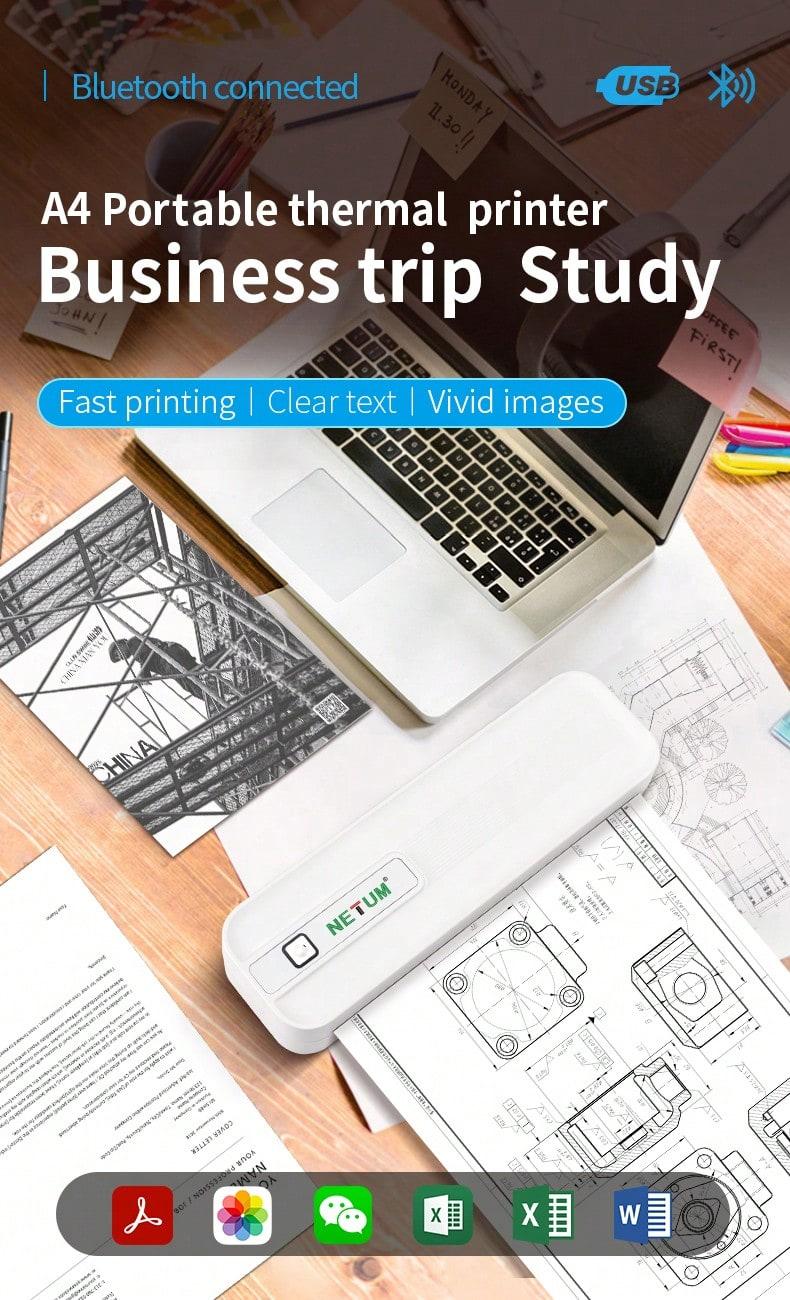 Portable Wireless Inkless Printer, Bluetooth-compatible Thermal Printer Compatible with iOS Android Laptop, Supports Us Letter and A4 Paper