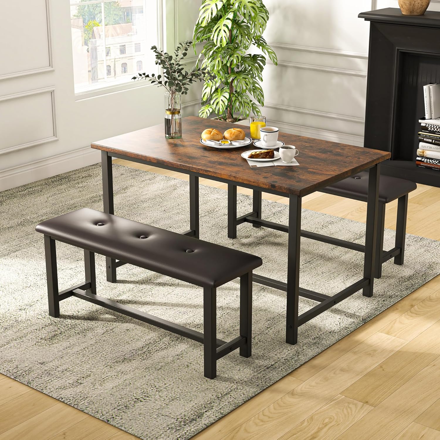 3-Piece Dining Table Set for 4 People, 44" Space Saving Kitchen Table with 2 Benches, Industrial Rectangular Dining Room Table Chairs Set