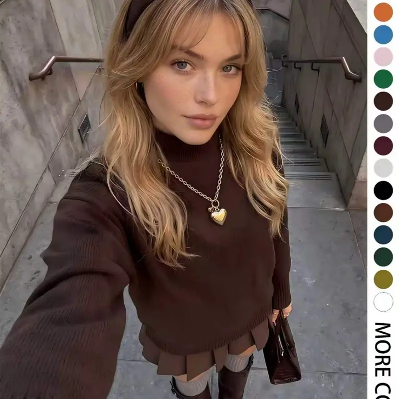 Women's Casual High Neck Knit Pullover, Loose Fit Long Sleeve Top, Solid Color, Fall Winter Fashion, Comfortable and Stylish, Knitwear