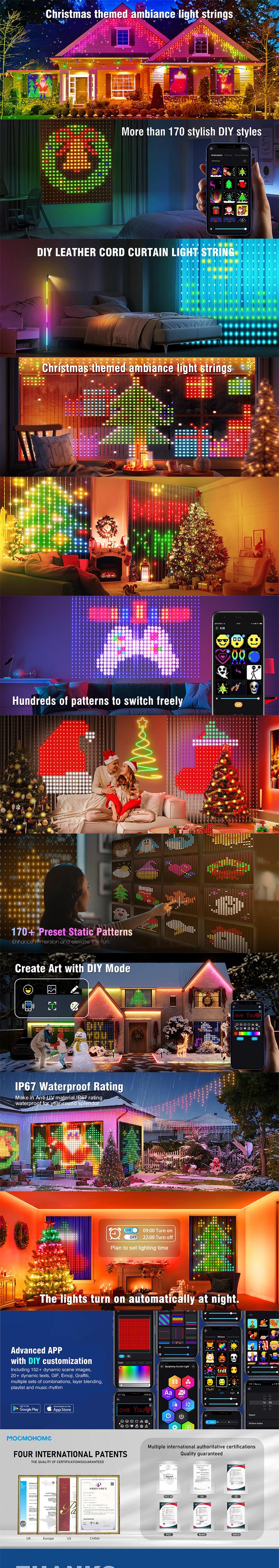 Smart RGB Curtain Lights with App & Remote Control, Music Sync, 100+ Lighting Modes, IP65 Waterproof LED Curtain String Lights for Bedroom Wall Wedding Party Home Decor