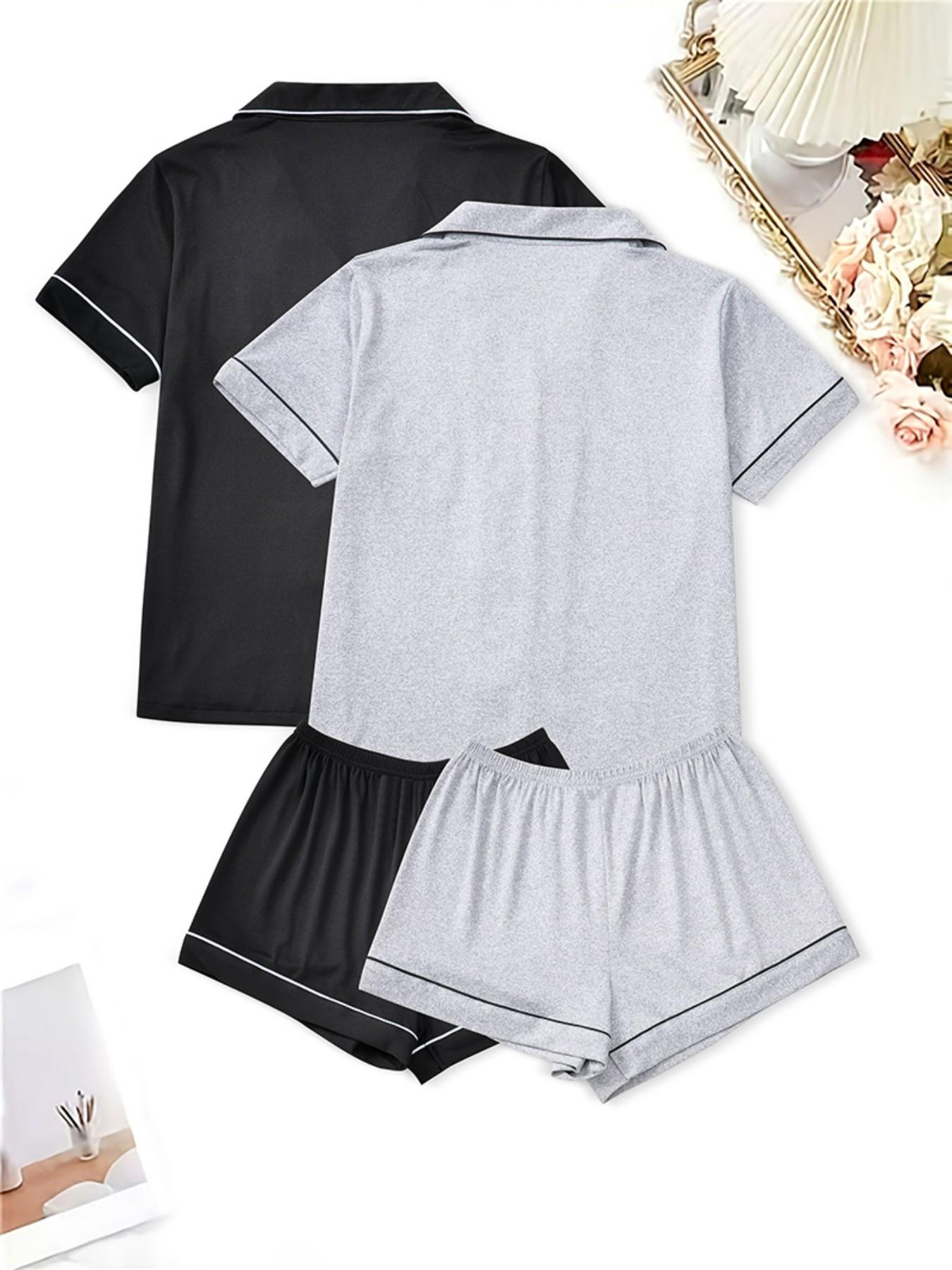 Women's Sleepwear Set Loungewear, Lapel Cardigan & Solid Color Short Sleeve Shorts, Four Seasons Comfortable Home Wear