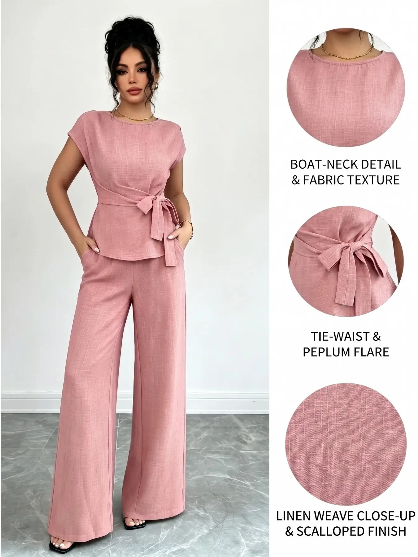 Women's 2-Piece Set, Elegant Office Casual Plain Solid Pleated Adjustable Waist Bow Shirt + High-Waisted Wide Leg Pants, Spring & Fall