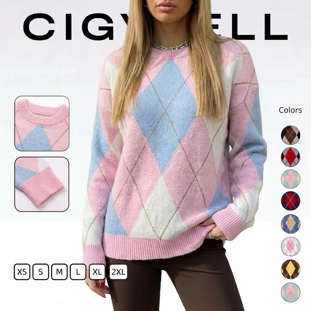Cicy Bell Women Argyle Knit Pullover Sweater, Crew Neck Long Sleeve Color Block Preppy Knit Tops for Fall Winter Casual Wear