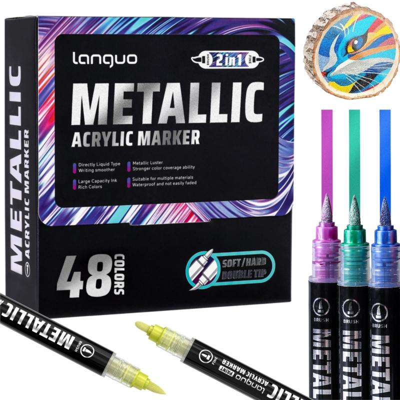 Acrylic Paint Metallic Markers, Automatic ink control Dual Tip (Brush & Fine)for Black Paper & Rock Painting Metallic Acrylic Paint Markers for DIY Crafts, Scrapbooking, Glass, Wood, Drawing Markers