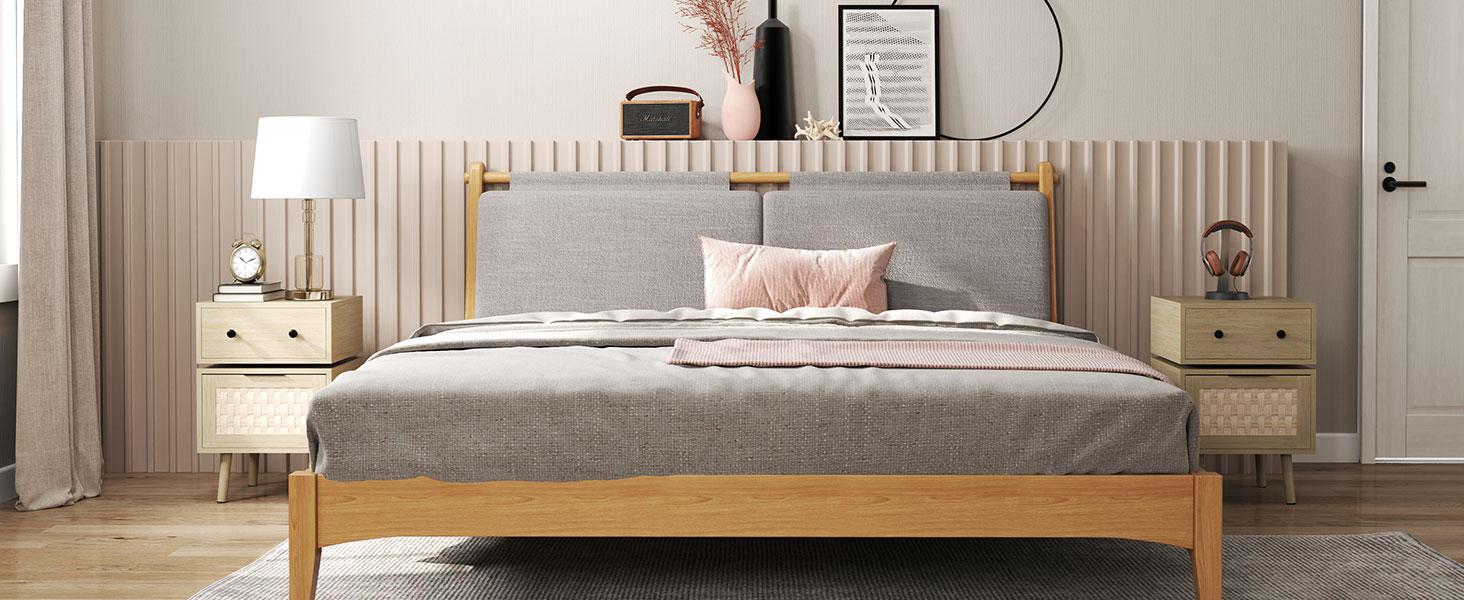 【Back to School】EBELLO Rotating Nightstand with Woven Doors, 23" Tall Modern End Table with Swivel Function for Bedroom or Living Room