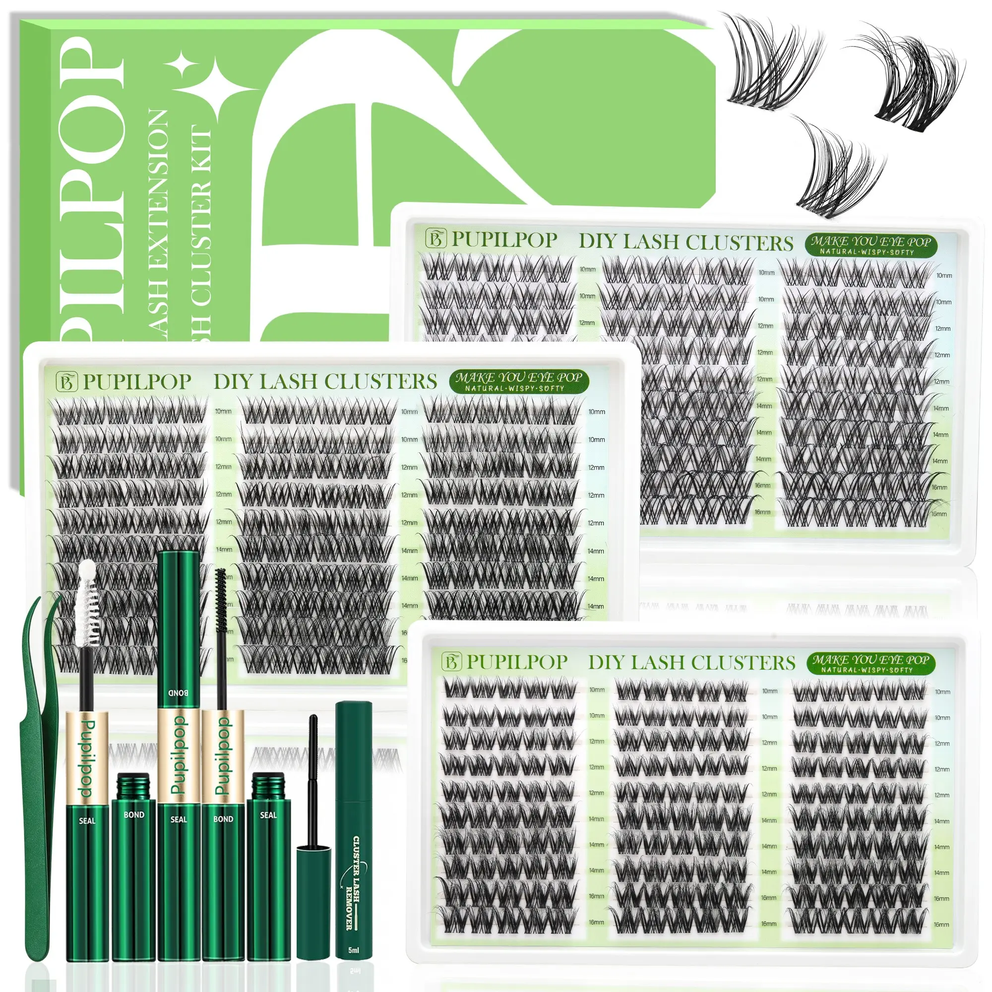 PupilPop DIY Lash Clusters Kit, Natural Wispy Soft Eyelash Extensions, 10-16mm CC Curl Individual Lashes, Lash Bond & Seal, Lash Remover & Tweezers, Waterproof Long-Lasting At-Home Lash Extension Set, Holiday Beauty Gift