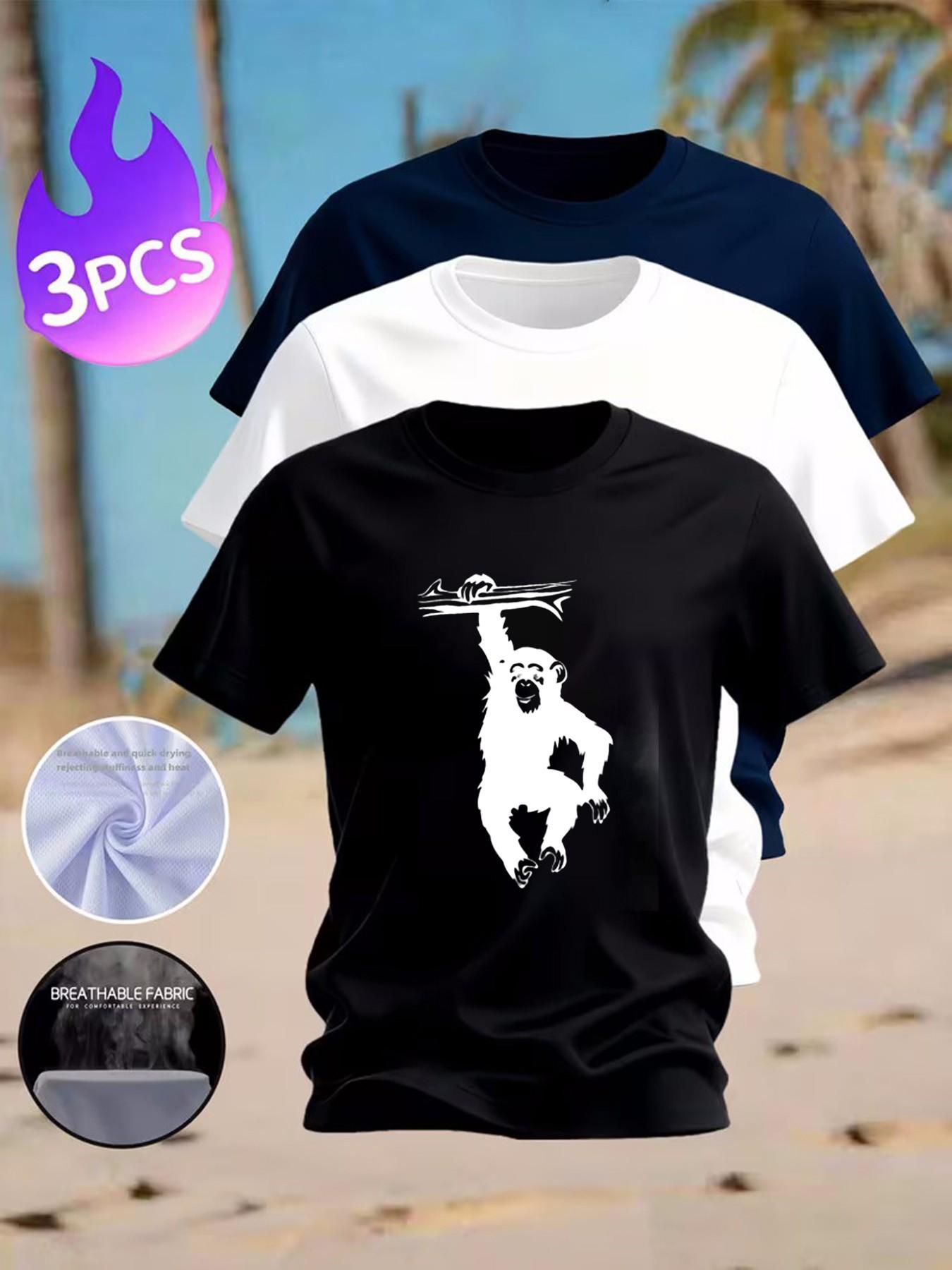 3-Pack Men's Quick Dry Monkey Print T-Shirts, Breathable Casual Short Sleeve Tees for Summer
