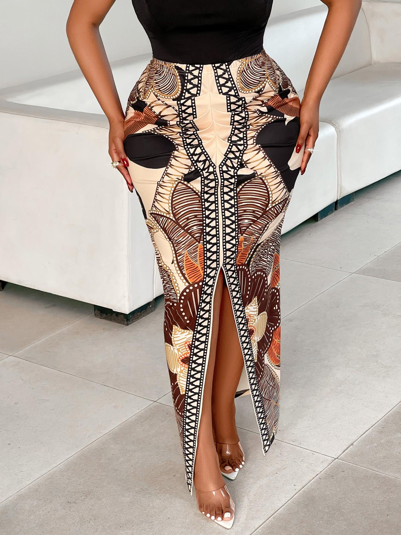 Plus Size Elegant Chic High Waist Fitted Printed Split Maxi Skirt for Women, All Season Casual Dress, Perfect for Christmas and Valentine's Dates