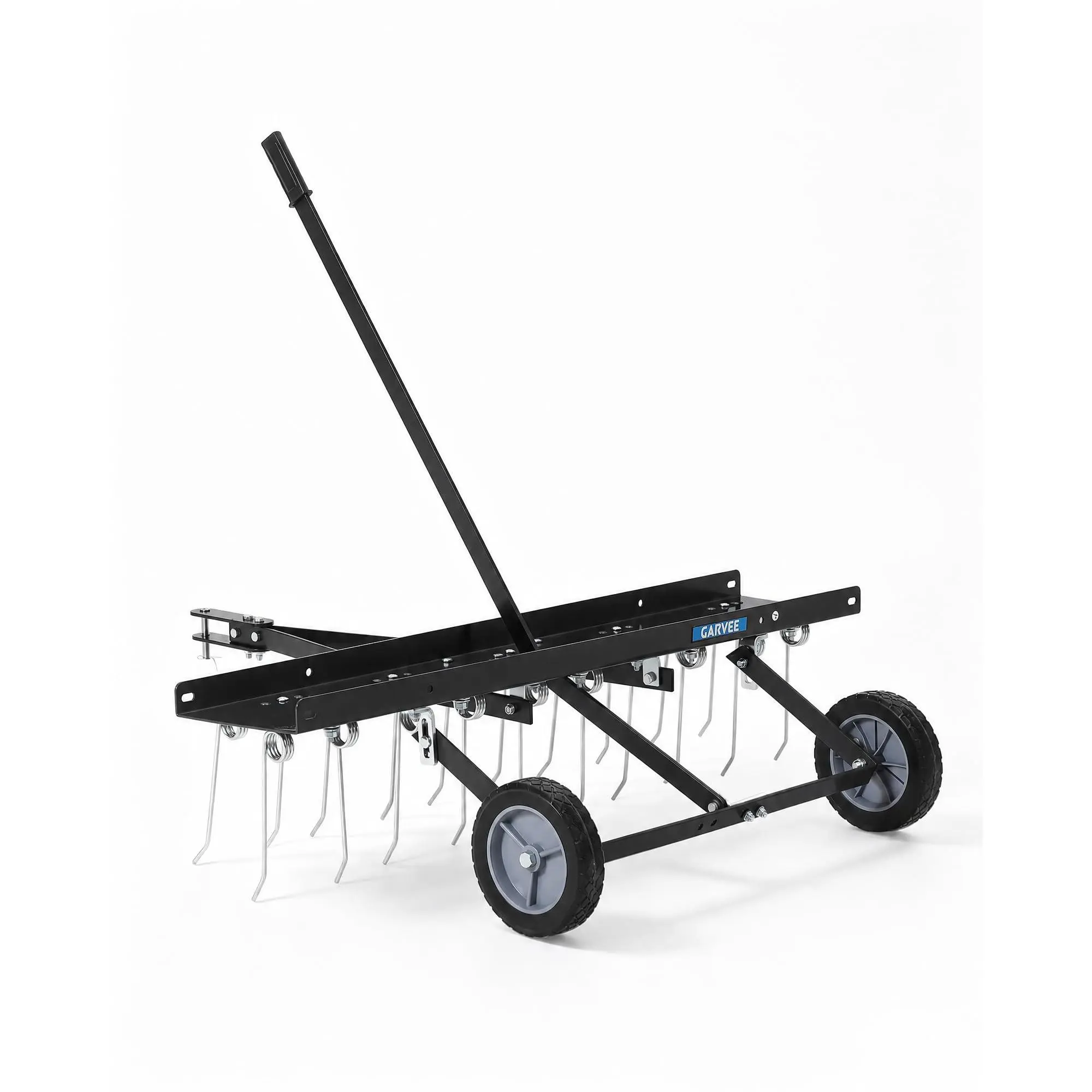 Garvee Tow-Behind Lawn Dethatcher Rake - Adjustable 40-60 in Width, 20-24 Spring Steel Tines, Heavy Duty Pull-Behind for ATV/Mower/Tractor, Steel Lift Handle, Black & Orange, Includes Gloves (Garden Use)