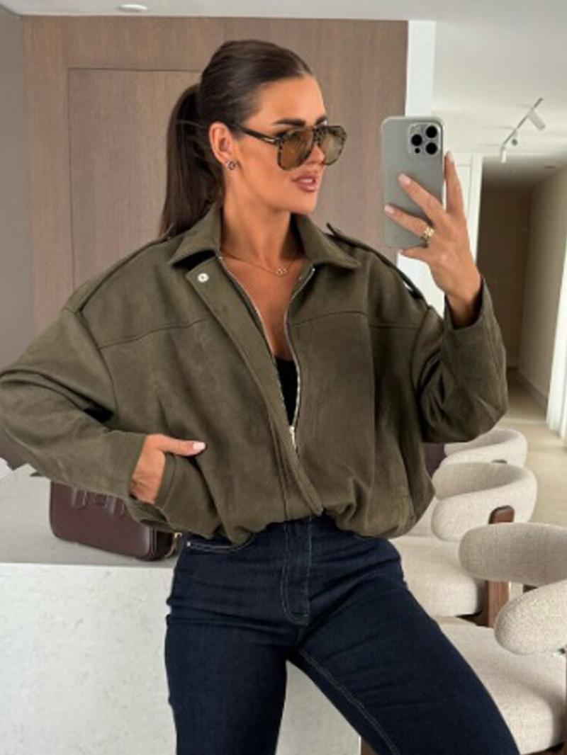 Women's Cropped Suede Jacket Demi-Season Bomber Jacket Female Outerwears Street Long Sleeve Oversized Black Brown Green Red Jacket Woman Fashion Zip Up Short Coat