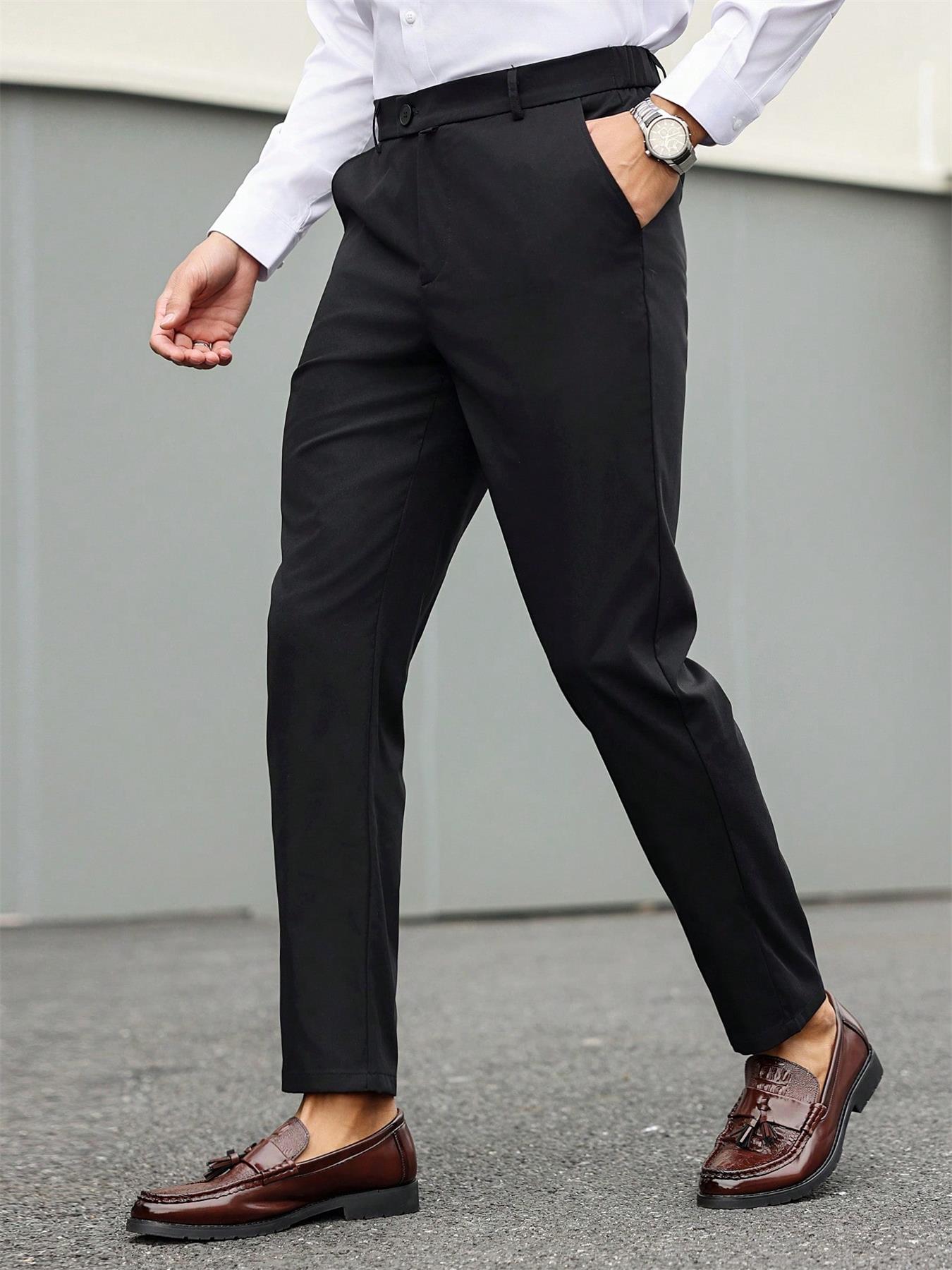 Men's Casual Solid Color Dress Pants Formal, Button Elastic Waist Fall Pants, Business Long Pants for Spring Summer Office Wear Club Wear Going Out Party