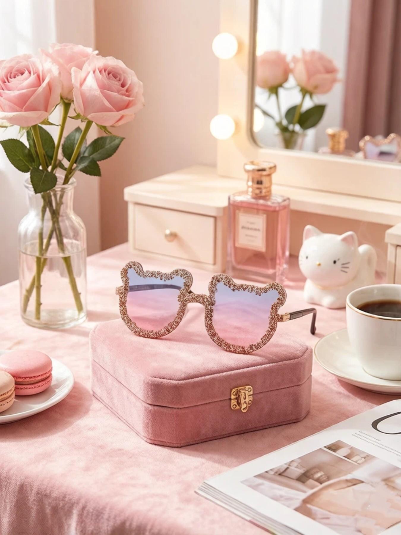 1pc Frameless Handmade Rhinestone Bear Party Sunglasses, Candy Color Women's Funny Party Glasses, College Outing Vacation