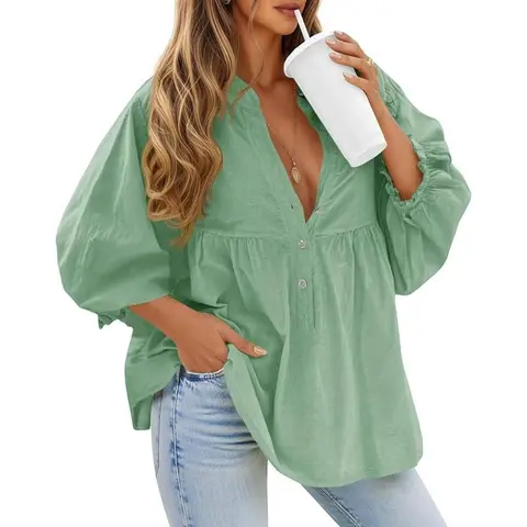 TANKANEO Women's Puff Long Sleeve V-Neck Button-Down Babydoll Blouse - Breathable Cotton Fabric, Ruffle Detail, Flowy Loose Fit, Boutique Top for Going Out, Beach Day, Weekend Brunch Layering & Jeans Pairing
