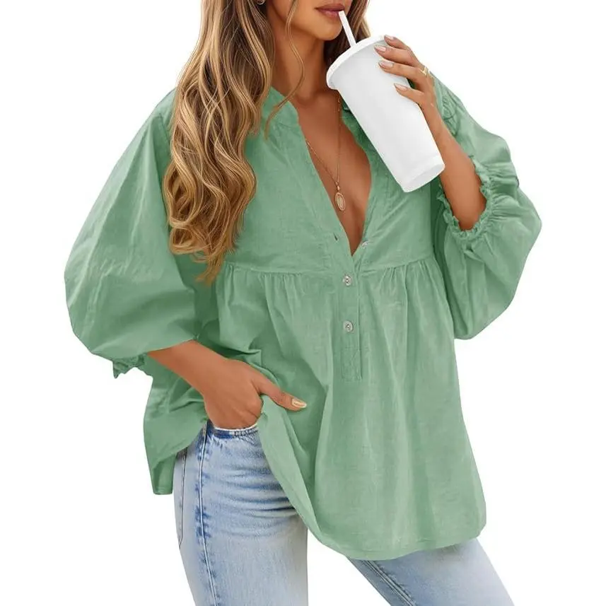 TANKANEO Women's Fashion Apparel Feminine Puff Long Sleeve V-Neck Button-Down Babydoll Blouse - Breathable Cotton, Ruffle Detail, Flowy Loose-Fit, Trendy Blouses for Layering Outfits & Pairing with Jeans