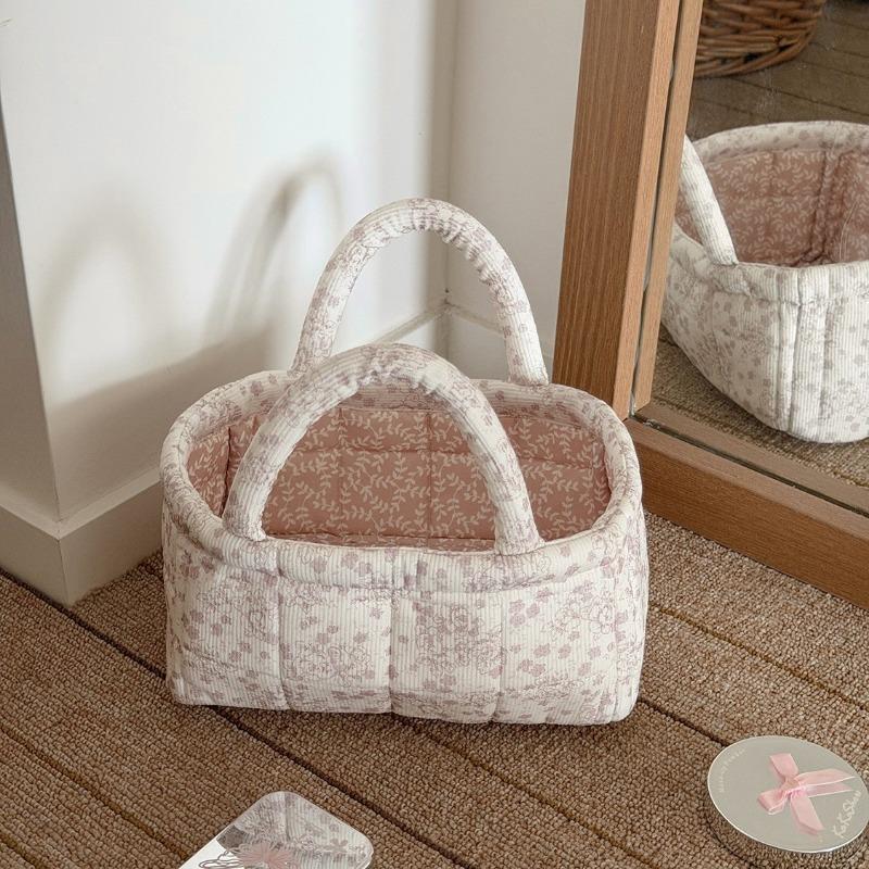 Flannel Peony Storage Basket, Floral Quilted Handheld Organizer, Desktop Living Room Bedroom Sorter, Cosmetic Bags