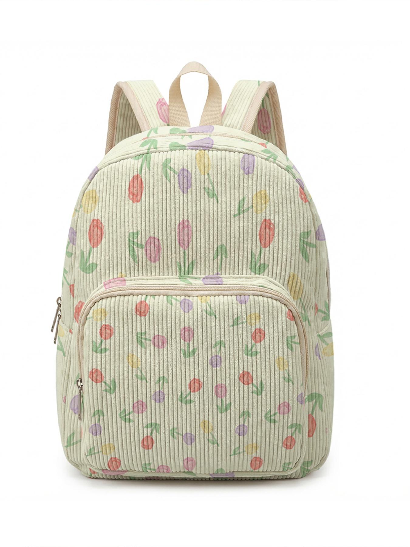 1 piece of 'Colorful Tulip Pattern' 2D printed ladies' backpack, corduroy texture + layered storage + light weight reduction | Perfect for students to go to class/shopping/short trips | Combines atmosphere with practicality