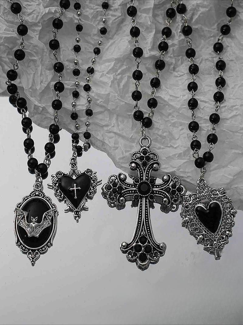 Gothic Bat Cross Heart Oil Pendant Necklace Set, Vintage Punk Unisex Beaded Chain, Party Personalized Jewelry Kit, Cross Necklaces