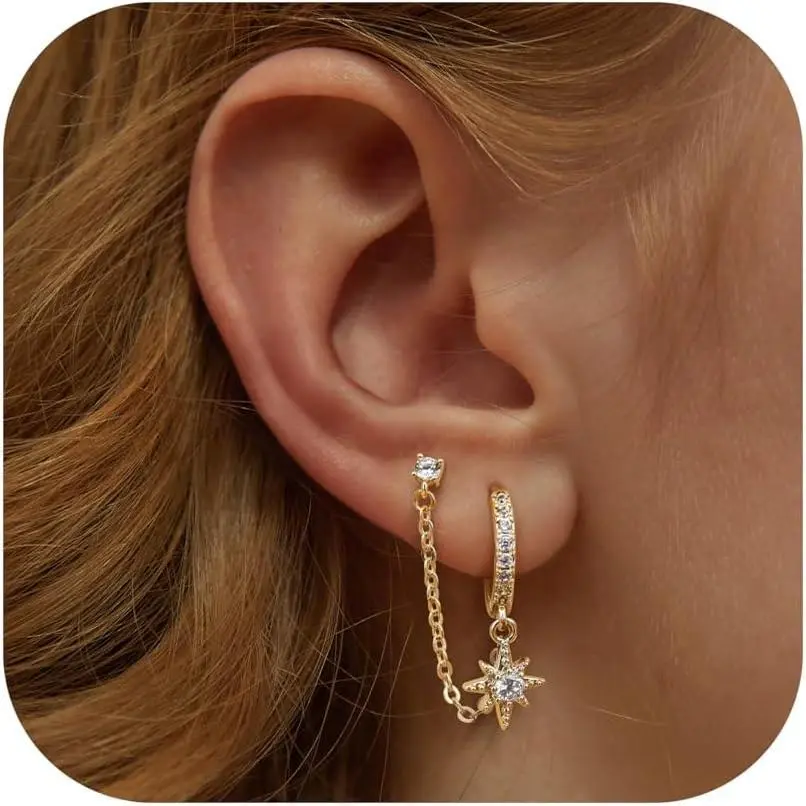CASSIECA Double Earrings Stack for Women 14K Gold plated Double Piercing Stud Earrings Stack 925 Silver Hoop Earrings Stack with Chain Hypoallergenic Zirconia Silver Dangling Earrings Stack for Multiple Piercings Earrings Stack Earrings Sohochic