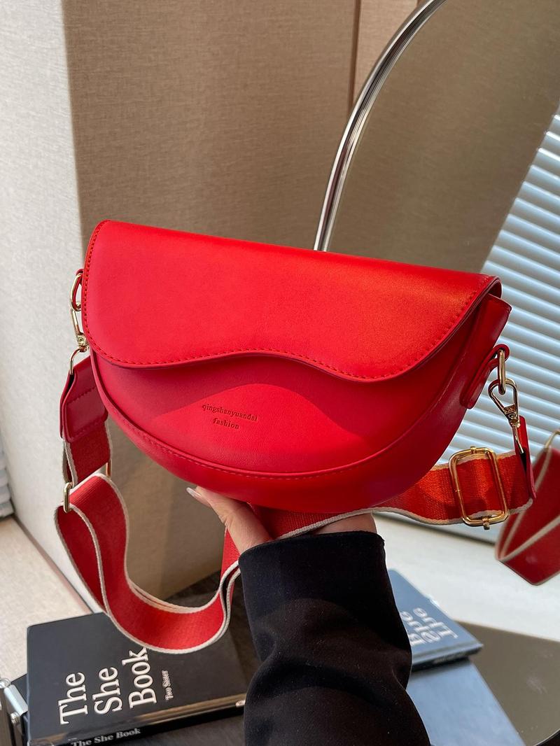 Women's Retro Solid Color Saddle Bag, Wide Shoulder Strap Messenger Bag, Fashionable Classic Popular Shoulder Bag, Suitable for Daily Outing