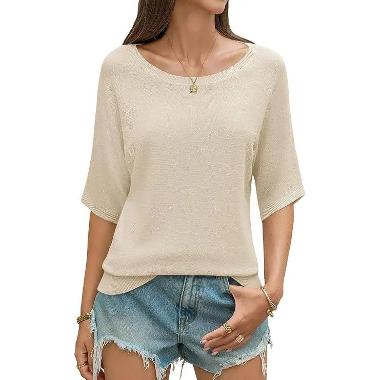 Imily Bela Womens Short Sleeve Sweater Summer Batwing Trendy Casual Boat Neck Lightweight Loose Fitting Knit Tops