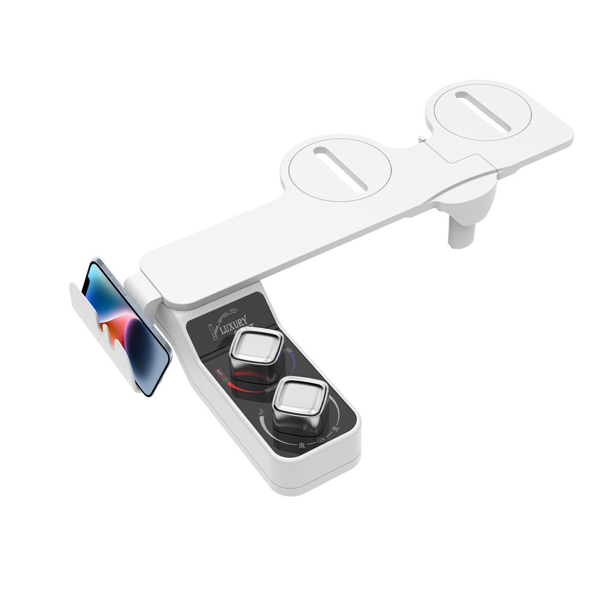 Bidet Attachment for Toilet, Hot and Cold Water, Non-Electric, Self Cleaning, Dual Nozzle, Adjustable Water Pressure, Phone Holder