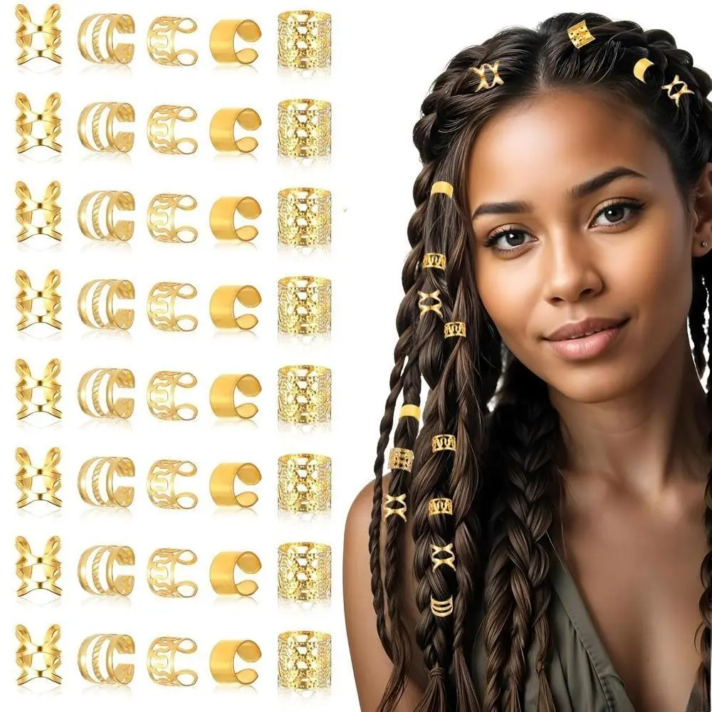 40Pcs Dreadlock Hair Ring Set, Electroplated Gold & Silver Hollow Hair Cuffs, DIY Braiding Hair Accessories, Stackable Metal Braid Loc Jewelry Kit, Multi-Size Festival Styling Hair Decor, Versatile Fashion Gift For Her