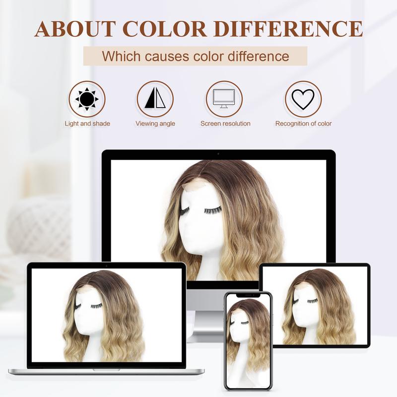 Ombre Blonde Short Wavy Wig for Women Lace Hairline Bob Style Synthetic Heat Resistant - Natural Appearance for Everyday Hairstyle 14 Inch