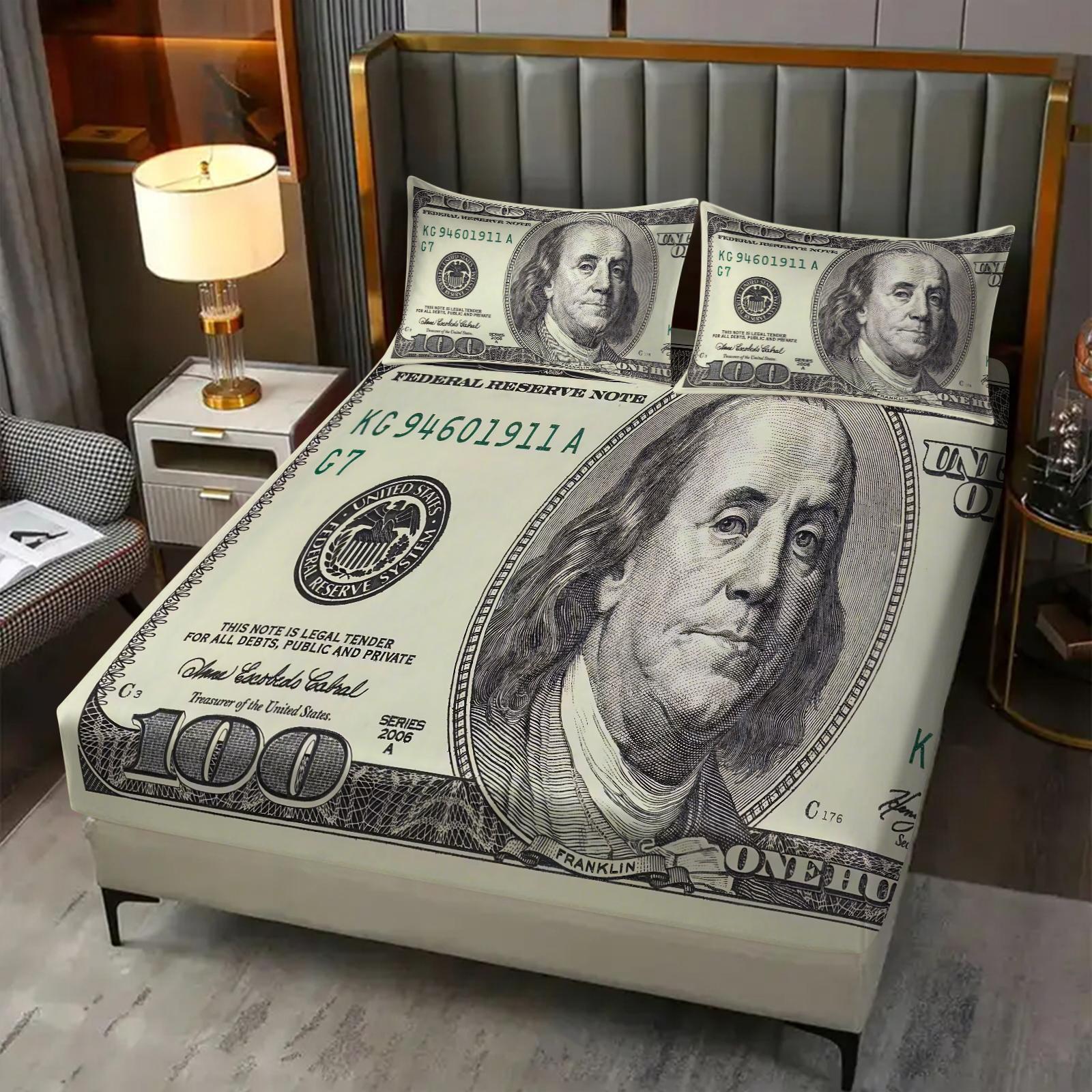 3-Piece Money Patterned Fitted Sheet Set,100 US dollars, Cash, USD Printed Bedding Set, Bed Sheets Set ,Suitable for Those Who Love Money for Bedroom Decoration. The Material Is Soft, Breathable, and Comfortable, Including 1 Fitted Sheet and 2 Pillowcases