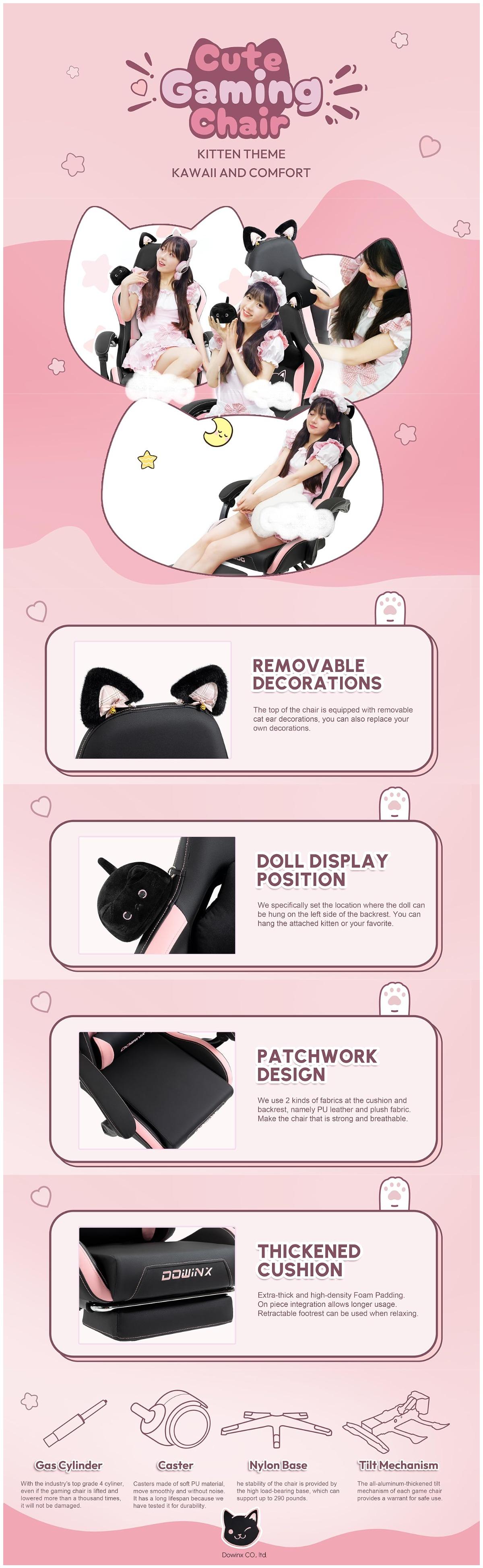 Dowinx Gaming Chair Cute with Cat Ears and Massage Lumbar Support, Ergonomic Computer Chair for Girl with Footrest and Headrest, Comfortable Reclining Game Chair 290lbs for Adult, Teen, Three Colors