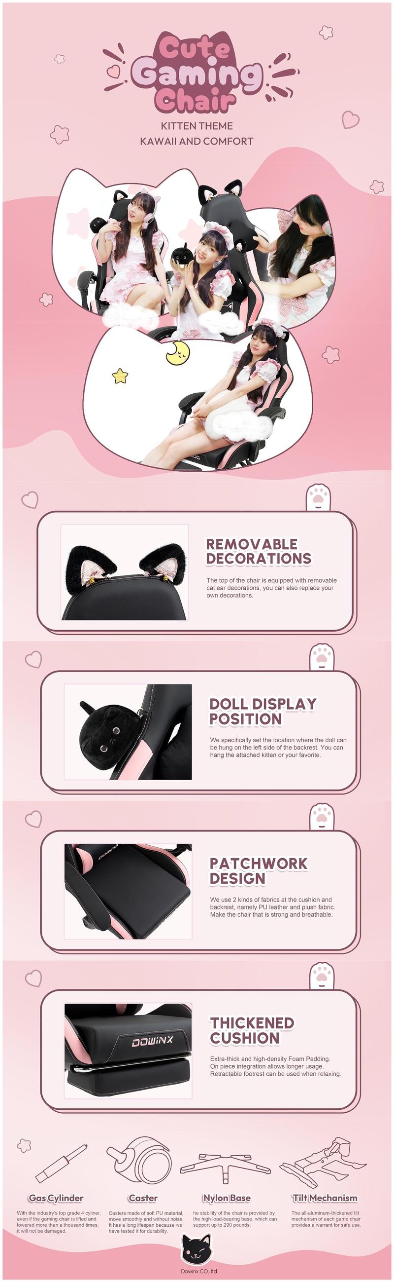 Dowinx Gaming Chair Cute with Cat Ears and Massage Lumbar Support, Ergonomic Computer Chair for Girl with Footrest and Headrest, Comfortable Reclining Game Chair 290lbs for Adult, Teen, Three Colors