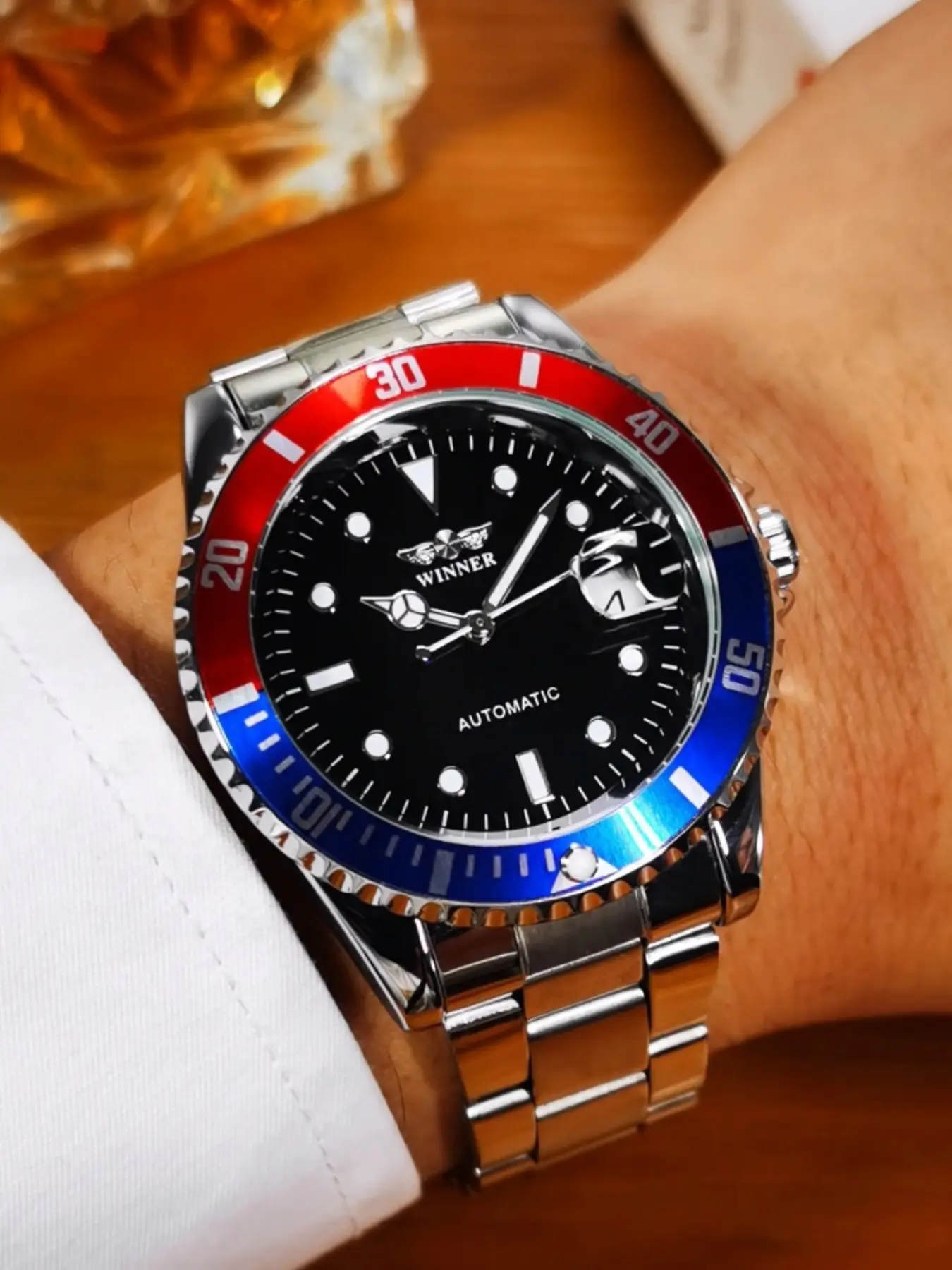 Men's Automatic Mechanical Dive Watch, Rotating Bezel, Calendar Display, Luminous Hands, Stainless Steel Strap, Waterproof, Casual Style, Luminous Analog Watch