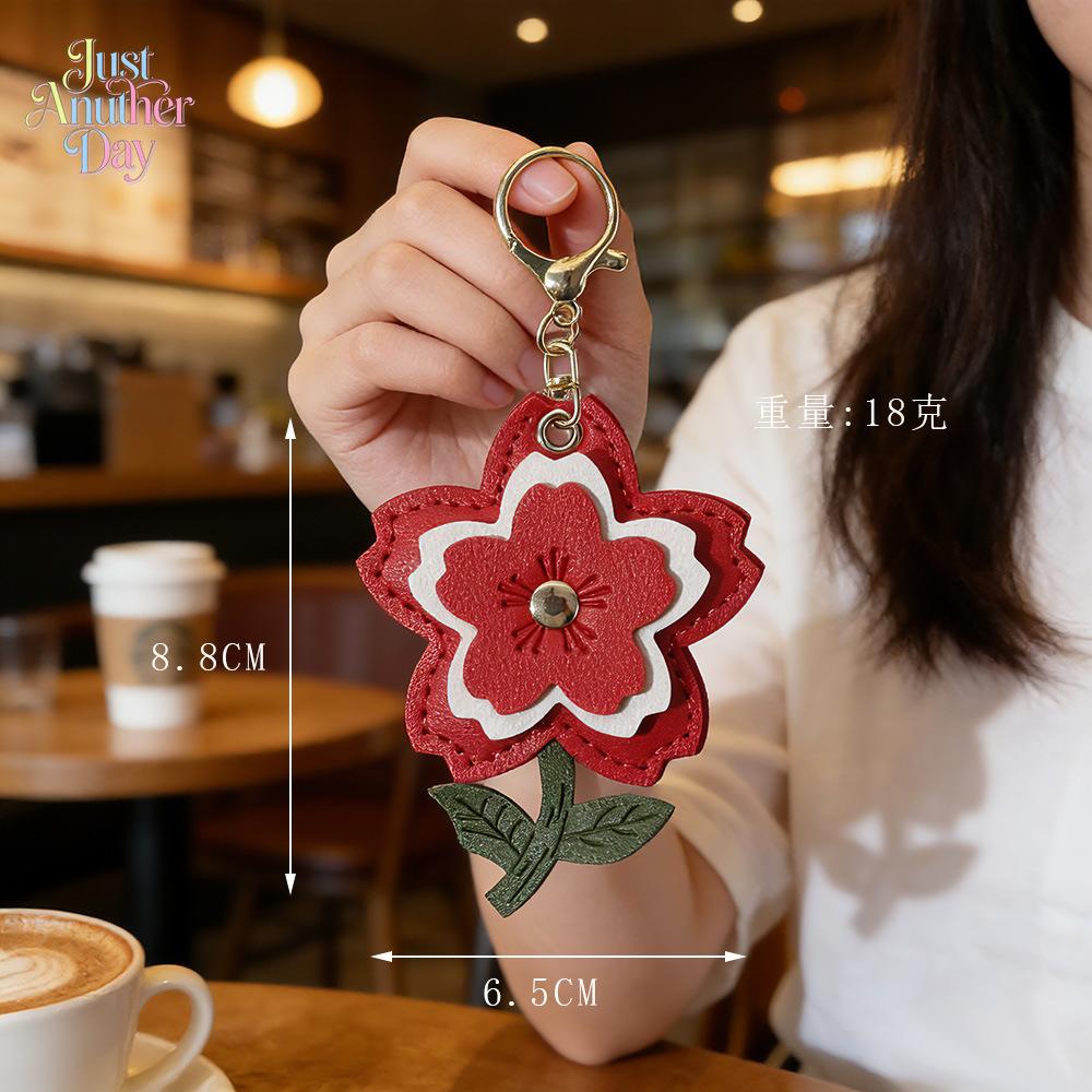 Handmade Stitched PU Leather Sakura Keychain, Creative Cherry Blossom Bag Charm, Cute Floral Accessory & Small Gift for Women
