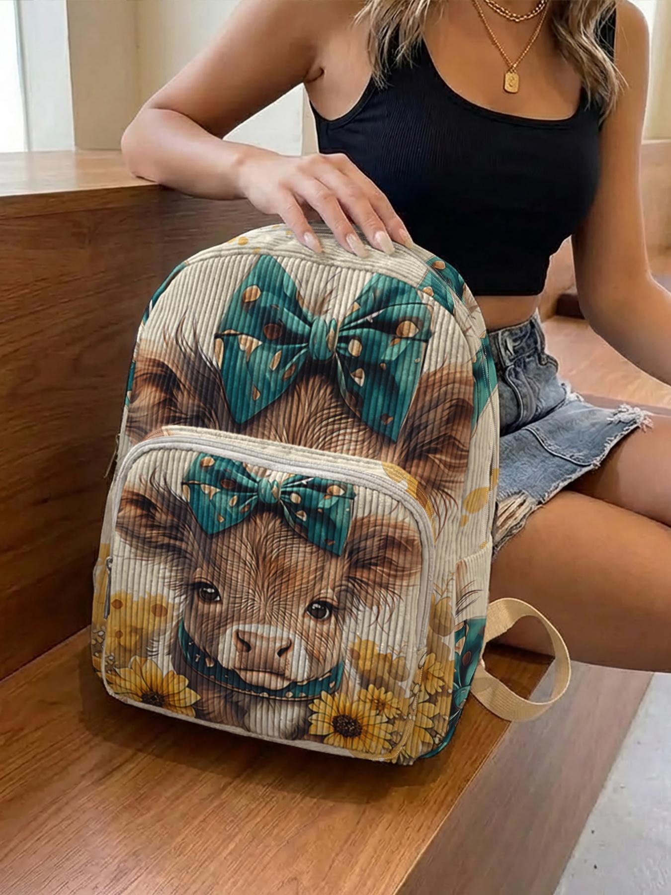 1 piece of dog and flower pattern 2D printed ladies' backpack, Casual Backpack, velvet texture + layered storage + light weight reduction | perfect for students to go to class/shopping/short trips | combines atmosphere with practicality
