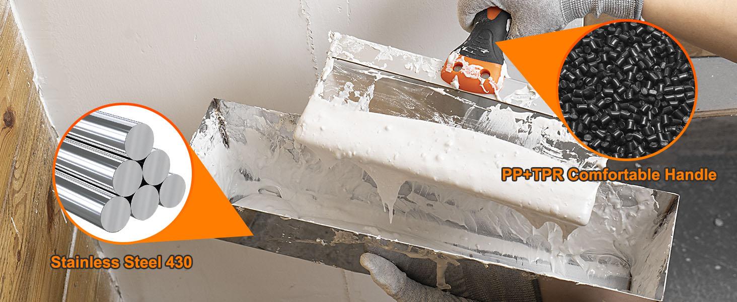 THINKWORK Drywall Hand Tool Kit 10 Pieces Stainless Steel Drywall Machine Set with Ergonomic Handle Mud Pan & Seamer for DIY Projects