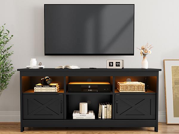 DWVO Farmhouse TV Stand for TVs Up to 65 Inch, Modern Entertainment Centre with Power Outlet, TV Shelf with Storage Cabinet, Television Stands for Living Room, Media Console, 59"
