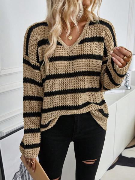 Women's V Neck Striped Colorblock Long Sleeve Pullover Sweater, Autumn/Winter Casual Loose Fit Drop Shoulder Fashion Cozy Sweataer Top, Fall Knitwear for Women, Winter Sweater for Women, Ladies Fall Clothes