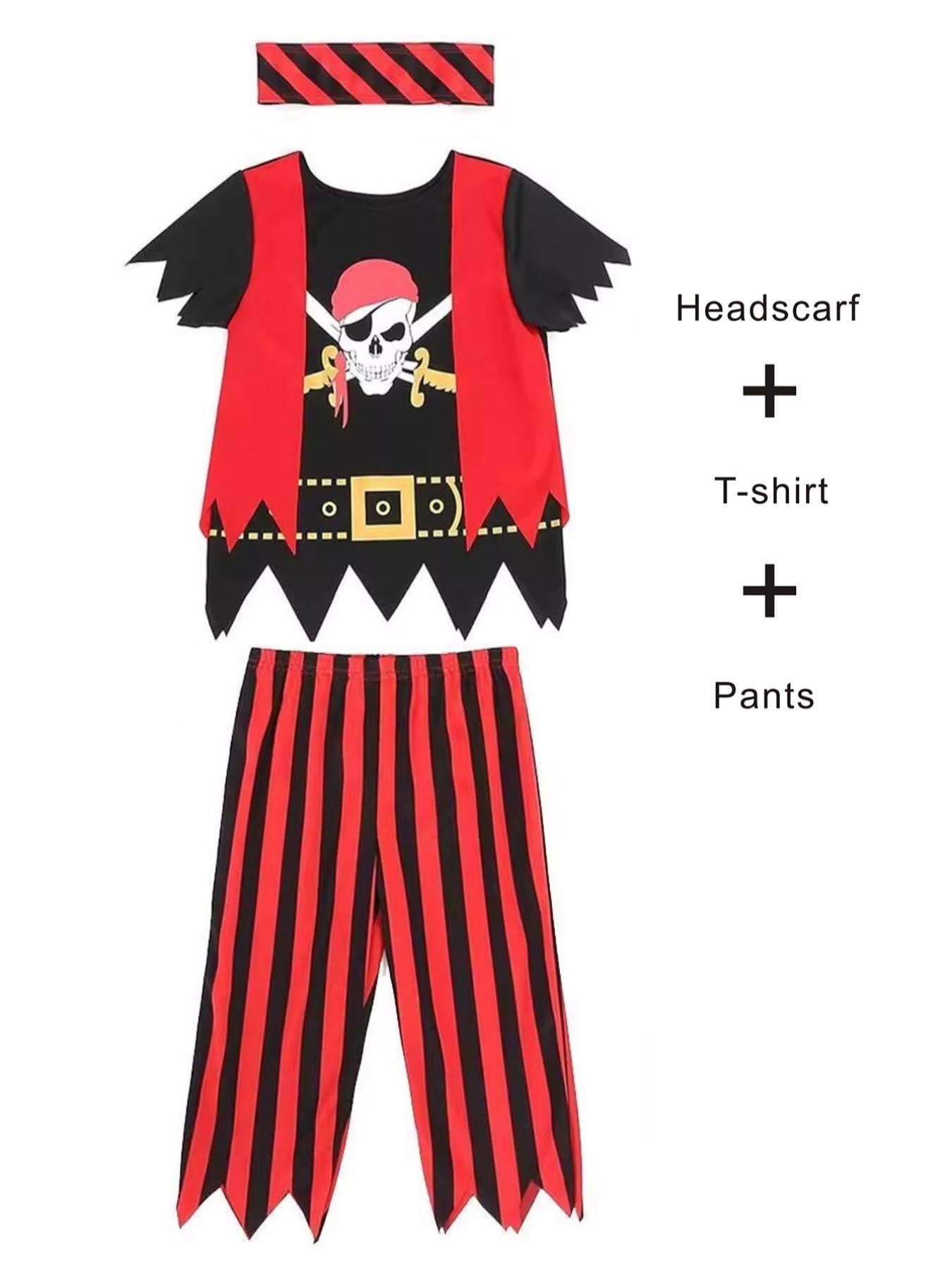 Kids Pirate Role Play Costume Set, 3-Piece Including Headband, Top, Pants, Perfect for Boys & Girls Holiday Performances