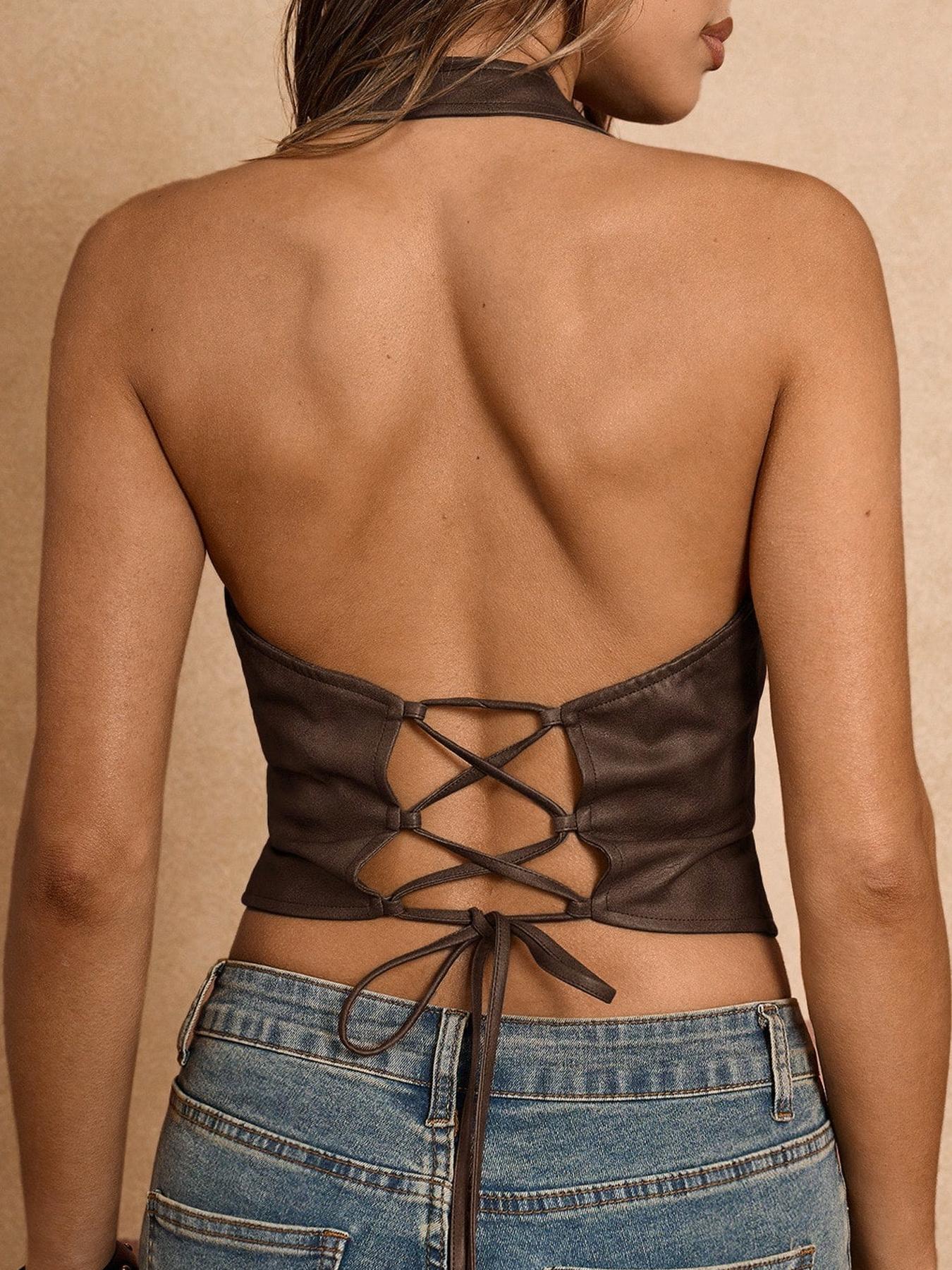 Women's Backless Waist Cinched Sleeveless Vest, Summer Fashion, PU Material, Fitting, Plain Pattern, Casual Wear