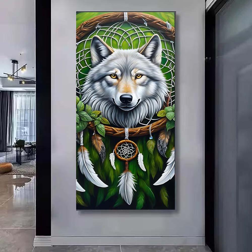 5D Diamond Painting Kit Full Round Drill Wolf, Dreamcatcher, Feather DIY Mosaic Wall Art, Beginner Craft Set (with Tools), Home Wall Decoration Gift, Diamond Art Kit