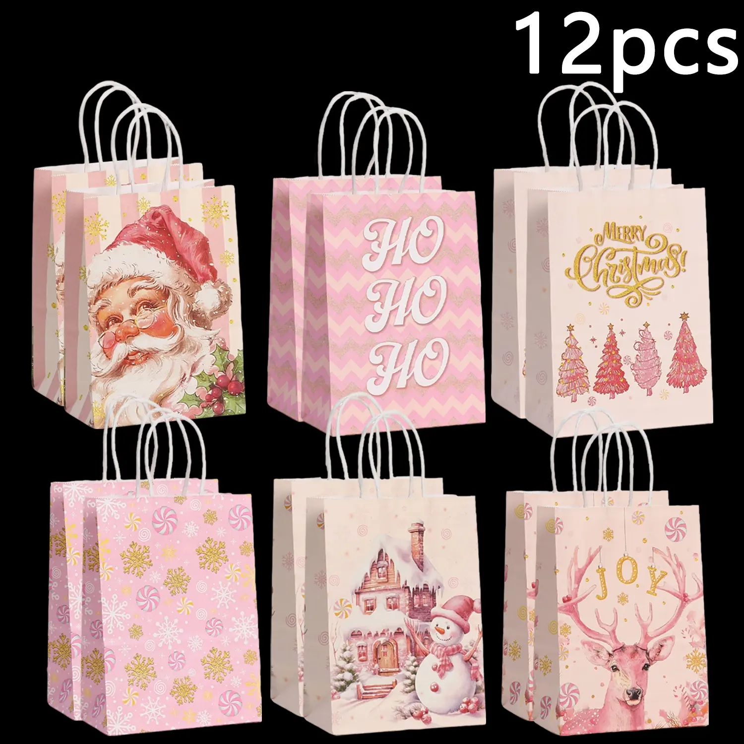 Pink Christmas tote bags, set of 12