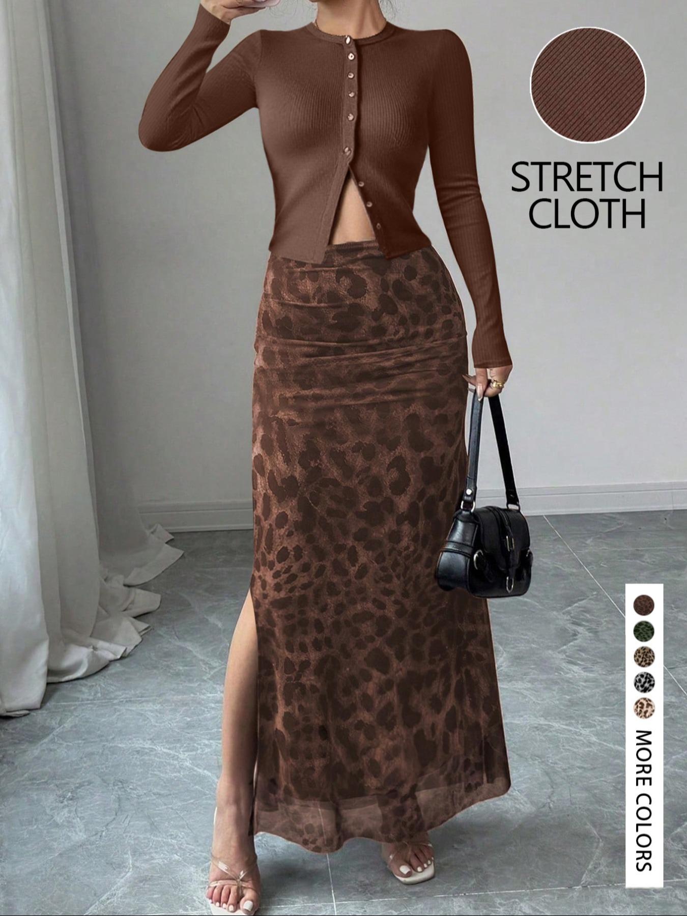 LovelyWholesale，Women's Spring Fashion Solid Color Knit Cardigan Top Leopard Print Half Skirt Two-Piece Set, Casual Slim-Fitting