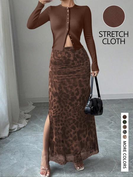 Women's Stylish Solid Color Knitted Cardigan and Leopard Print Skirt Set, Trendy Outfit for Fashionable Ladies, Perfect for Casual Wear, Chic Clothes