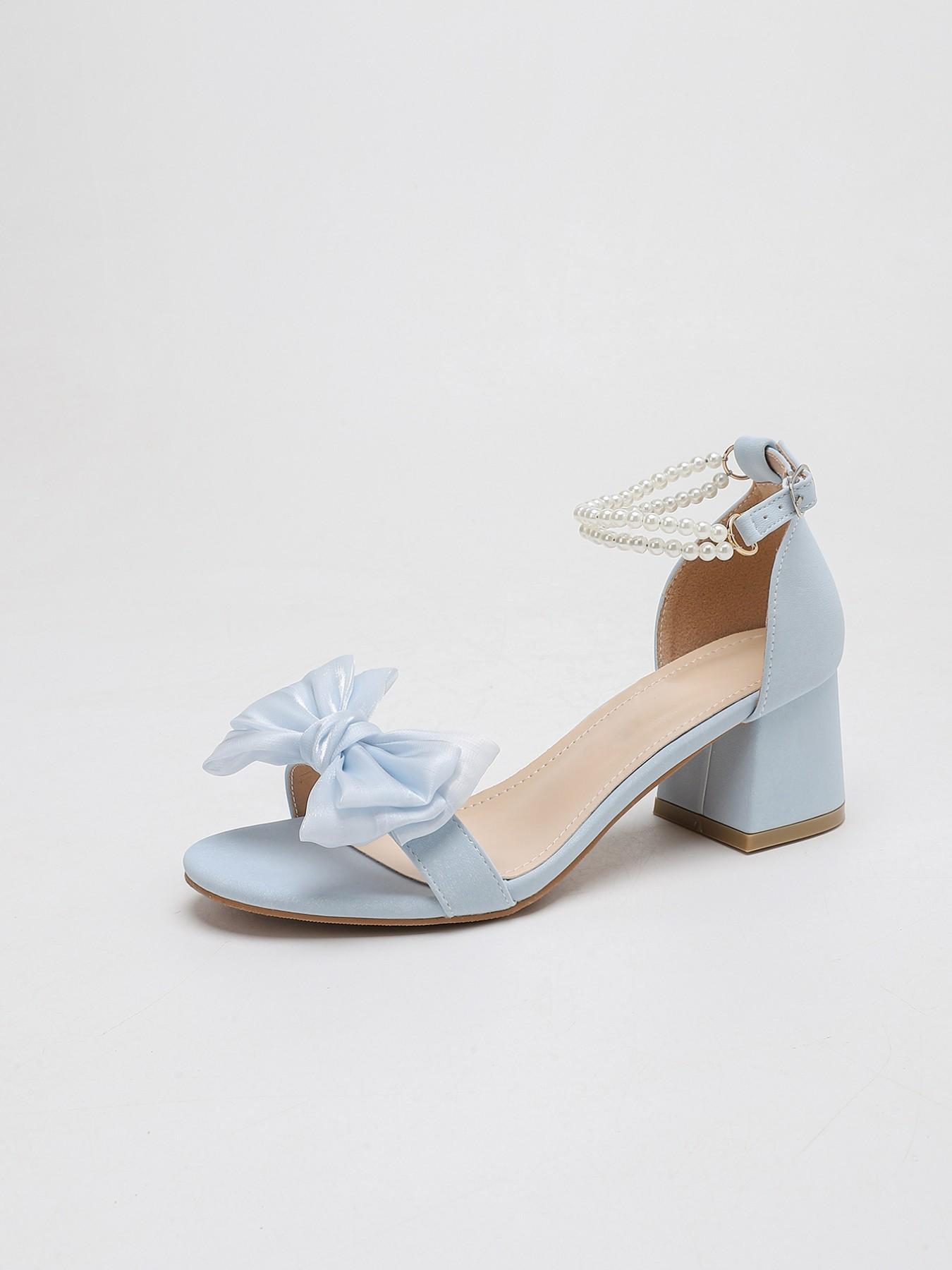 Fashion High Heel Sandals for Women, Open Toe Sweet Style, Butterfly Knot, Pearl Buckle, Summer Thick Heel, Casual Daily Wear