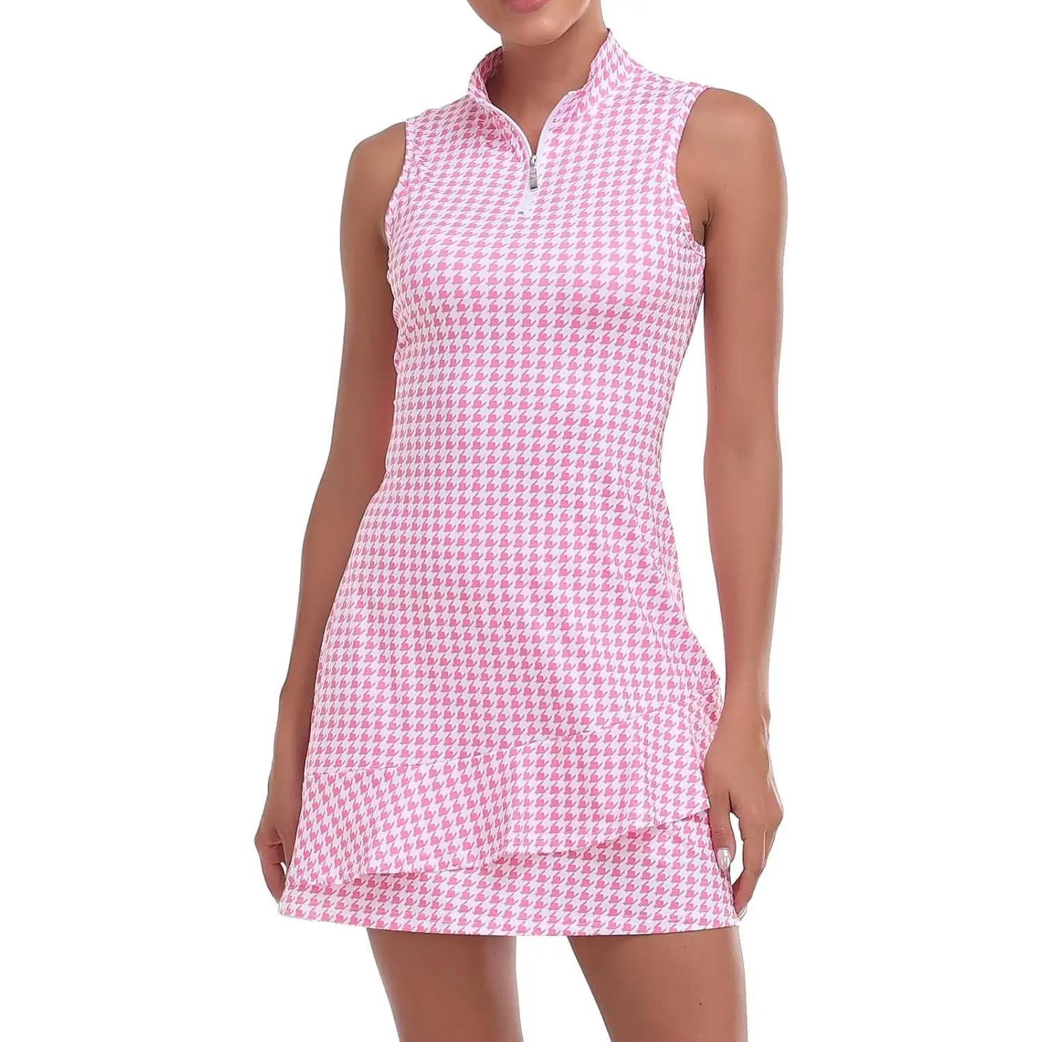 Tennis Dress for Women Sleeveless Golf Dresses with Shorts and Pockets Ruffle Zip Up Stand Collar Golf Outfits